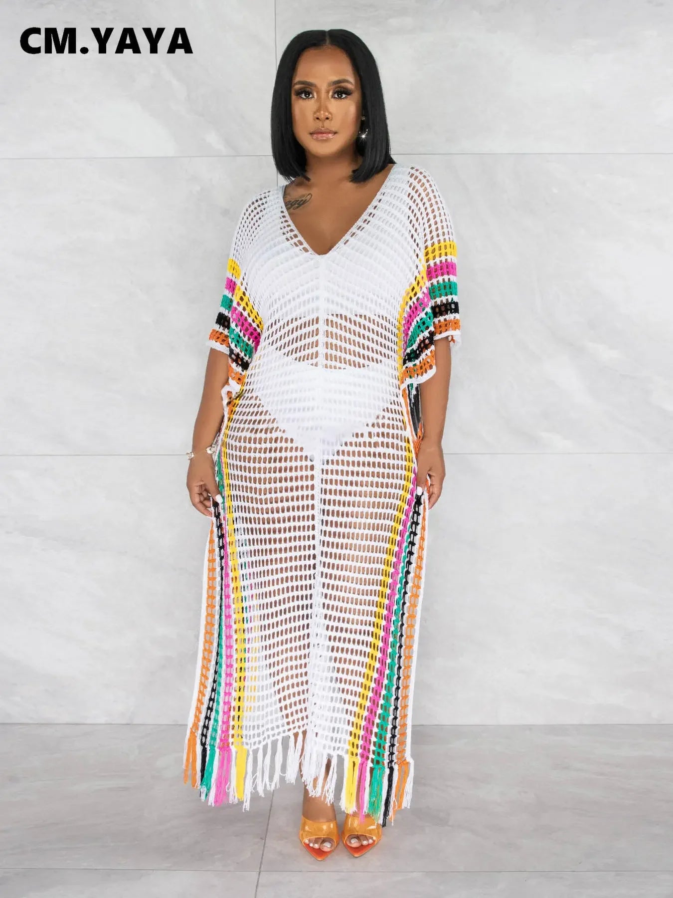 CM.YAYA Vintage Women Striped Crochet Knit Hollow Out V-neck Batwing Sleeve Maxi Long Slim Dress 2023 Sexy Party Evening Dresses